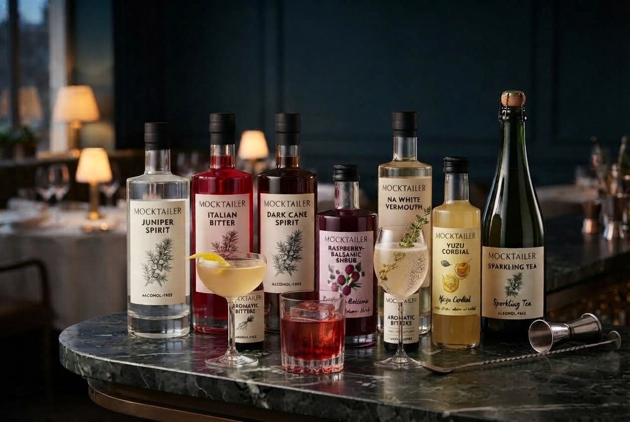De Mocktailer-flessen op een bar, met drie alcoholvrije cocktails ervoor